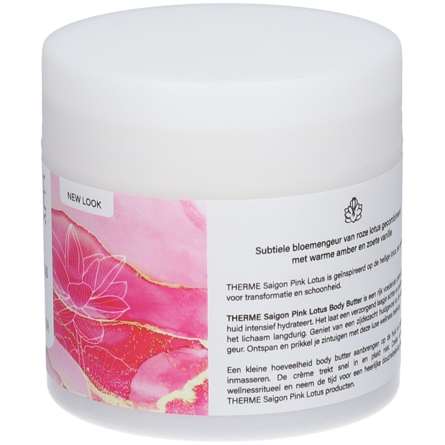 Weißer Tiegel mit Text. Text: THERME Saigon Pink Lotus Body Butter. Mit Lotusblüten-Design. Neu.