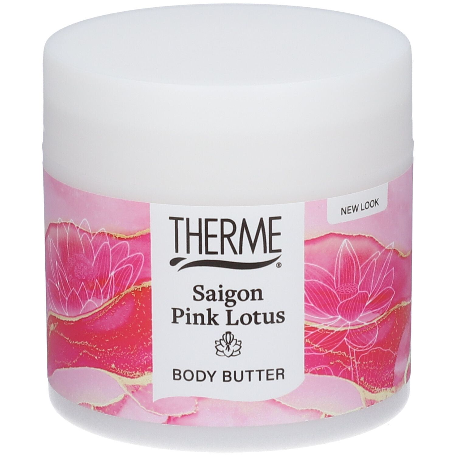 Weißer Tiegel mit rosa Etikett. Aufschrift: THERME Saigon Pink Lotus Body Butter. Mit Lotusblüten-Design.