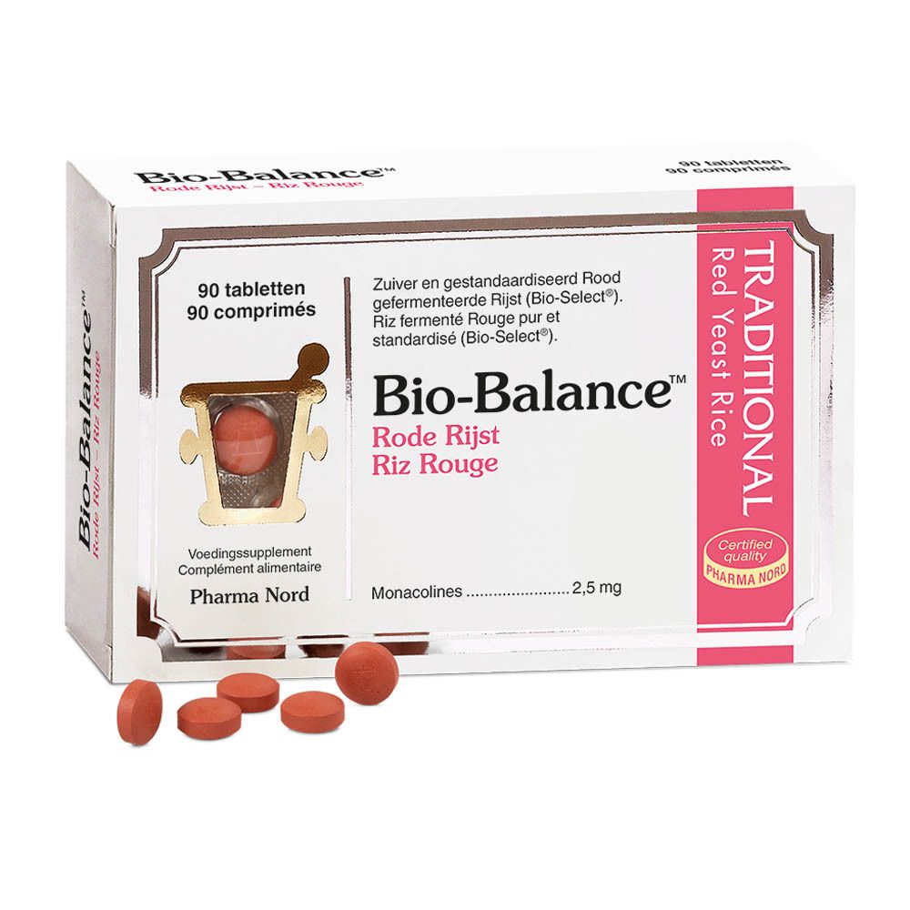Boîte Bio-Balance et comprimés. Riz rouge fermenté. 90 comprimés. Pharma Nord. Comprimés à côté.