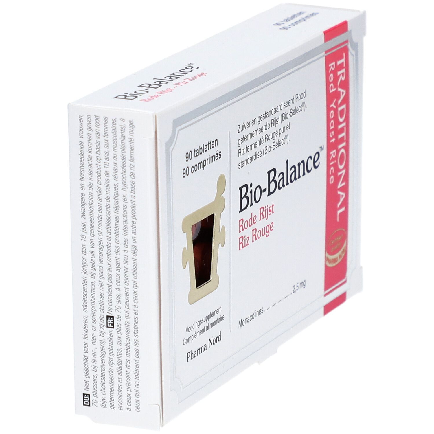 Bio-Balance-Schachtel, 90 Tabletten. Rotes Hefereis. Weiß mit rotem Akzent. Pharma Nord. Eckansicht.
