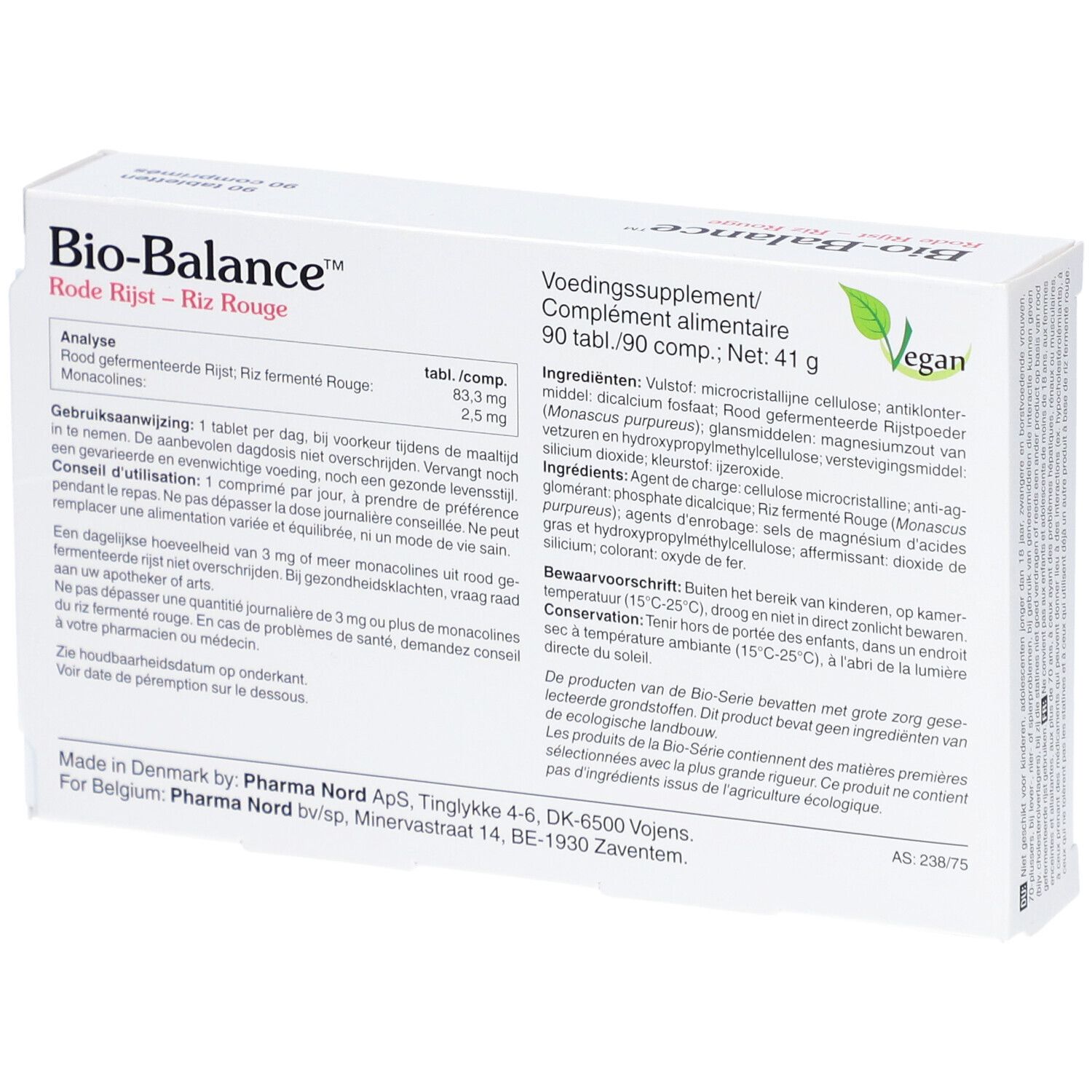 Rückseite der Bio-Balance-Schachtel. Informationen zu Inhaltsstoffen, Dosierung und Hersteller. Vegan-Logo.
