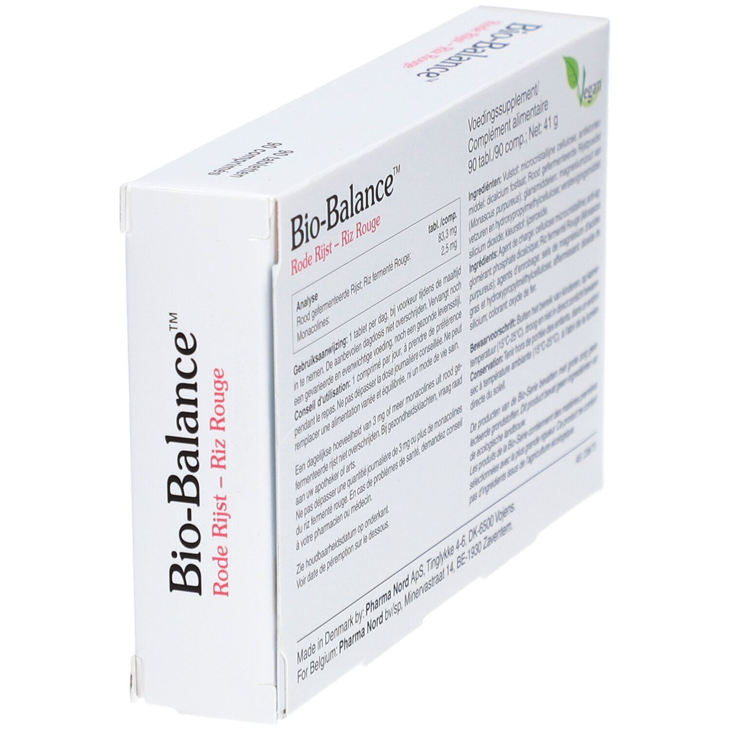 Bio-Balance-Schachtel, Rückseite. Informationen zu Inhaltsstoffen, Dosierung. Vegan-Logo. Eckansicht.