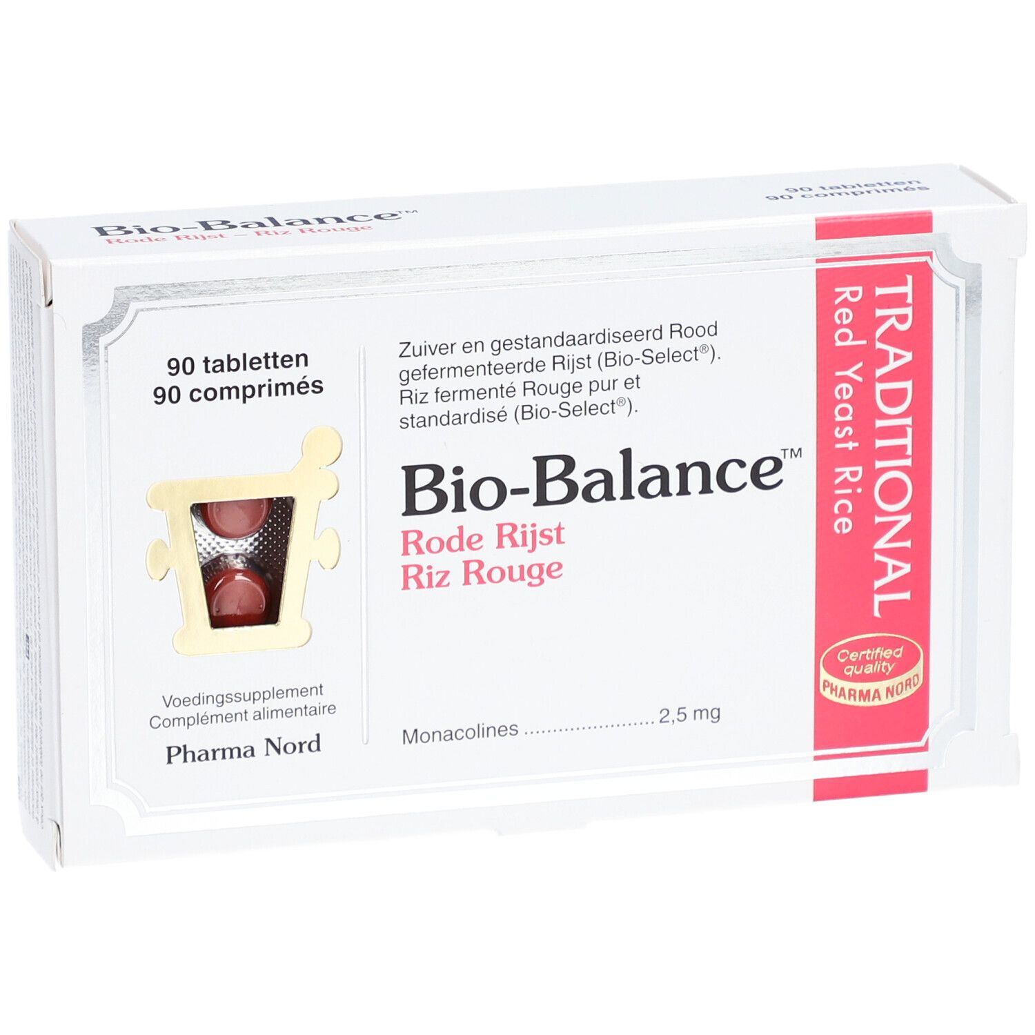 Weiße Schachtel mit Bio-Balance, 90 Tabletten. Rotes Hefereis-Produkt. Pharma Nord Logo und Zertifizierung.