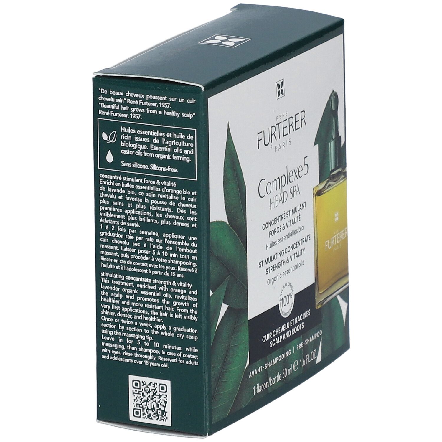 Verpackung von René Furterer Complexe 5. Seitenansicht mit Text. Enthält eine Flasche. Aufschrift: "Complexe 5 Head Spa".