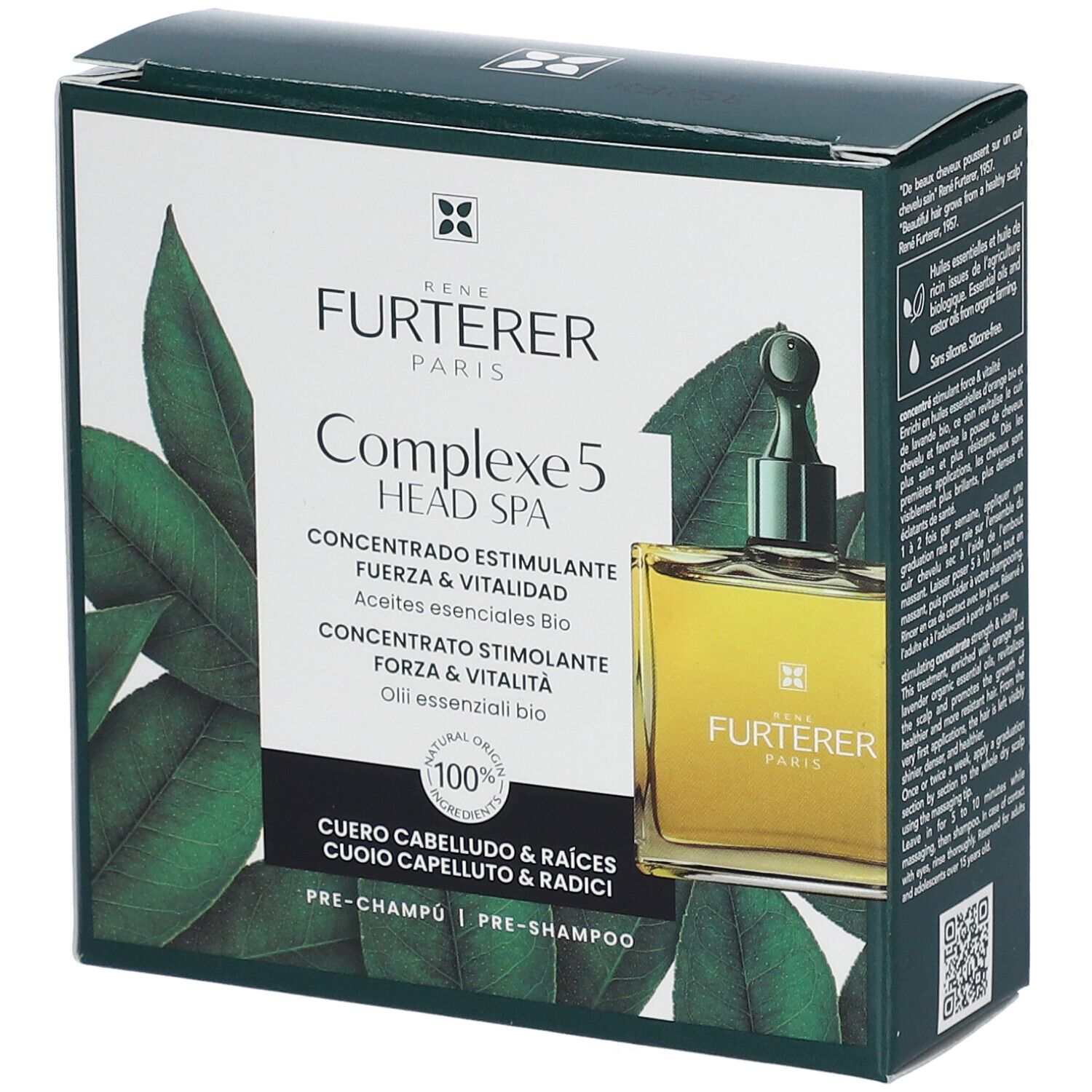 Verpackung von René Furterer Complexe 5. Enthält eine Flasche mit 50 ml. Aufschrift: "Complexe 5 Head Spa".