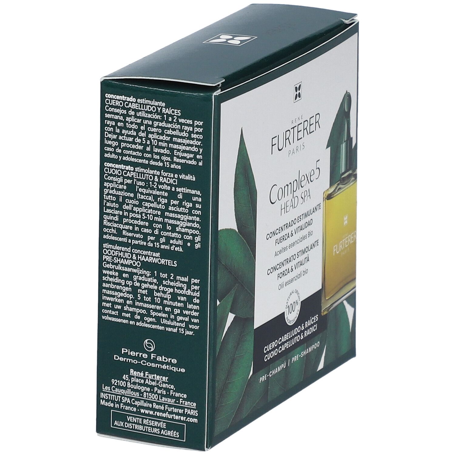Verpackung von René Furterer Complexe 5. Seitenansicht mit Text. Enthält eine Flasche. Aufschrift: "Complexe 5 Head Spa".