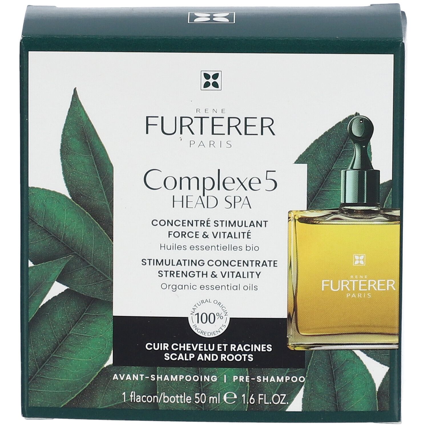 Verpackung von René Furterer Complexe 5. Enthält eine Flasche mit 50 ml. Aufschrift: "Complexe 5 Head Spa".