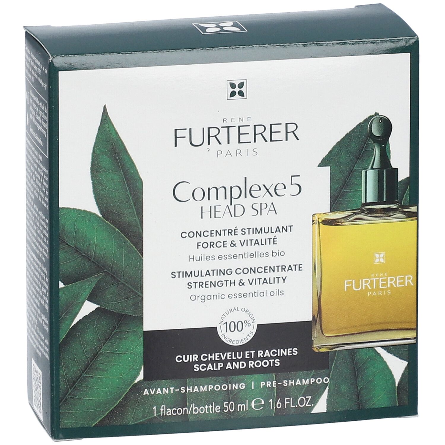 Verpackung von René Furterer Complexe 5. Enthält eine Flasche mit 50 ml. Aufschrift: "Complexe 5 Head Spa".