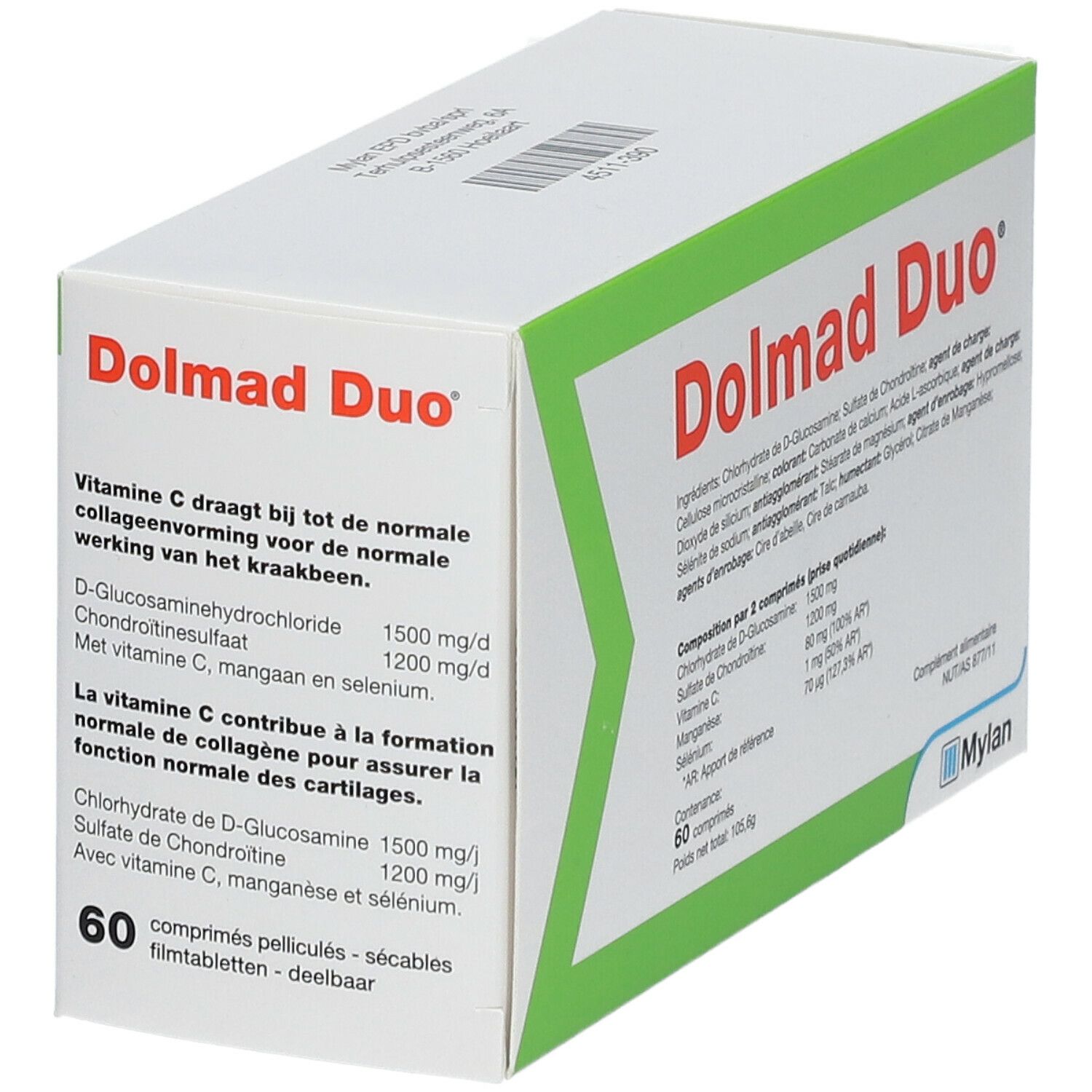Schuin geplaatste verpakking van Dolmad Duo. Witte doos met groene accenten. Productnaam en ingrediënten gedrukt. 60 tabletten.