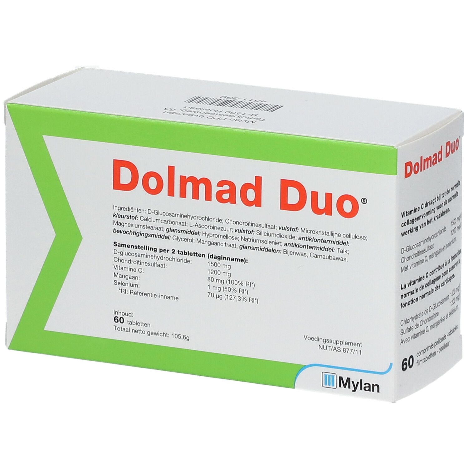 Verpakking van Dolmad Duo. Witte doos met groene accenten. Productnaam en ingrediënten gedrukt. 60 tabletten.