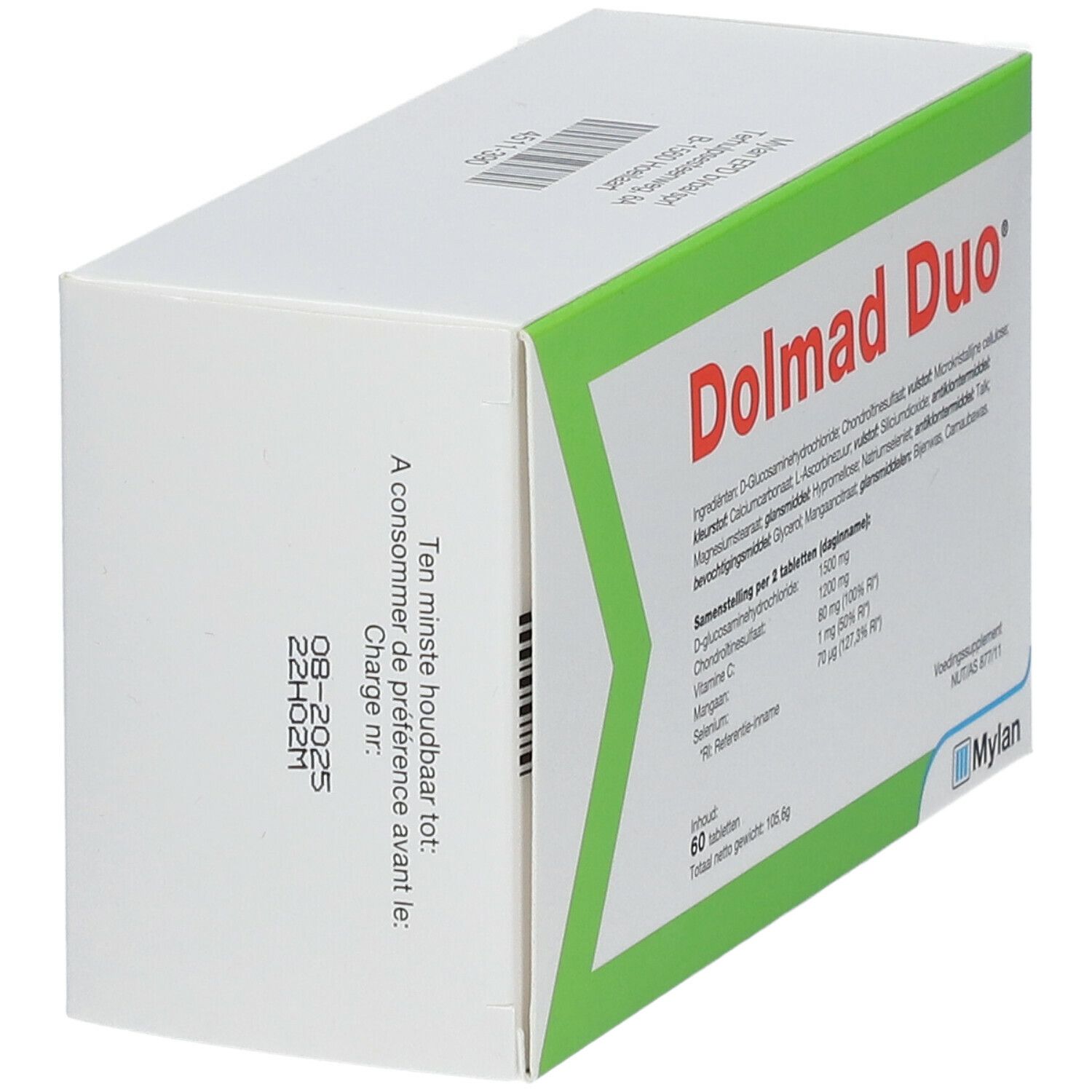Achterkant van de Dolmad Duo verpakking. Witte doos met groene accenten. Ten minste houdbaar tot en chargenummer gedrukt.