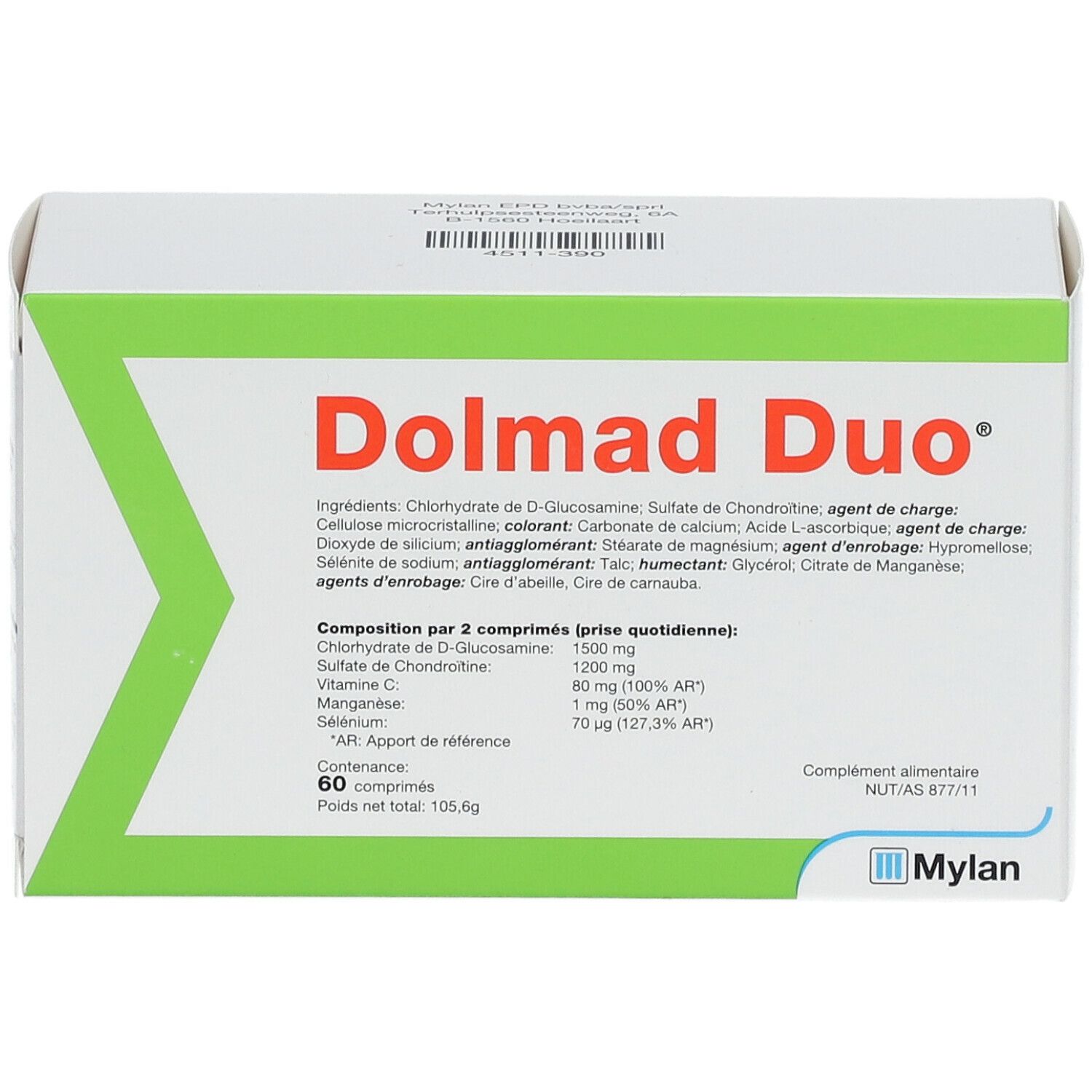 Verpakking van Dolmad Duo. Witte doos met groene accenten. Productnaam en ingrediënten gedrukt. 60 tabletten.