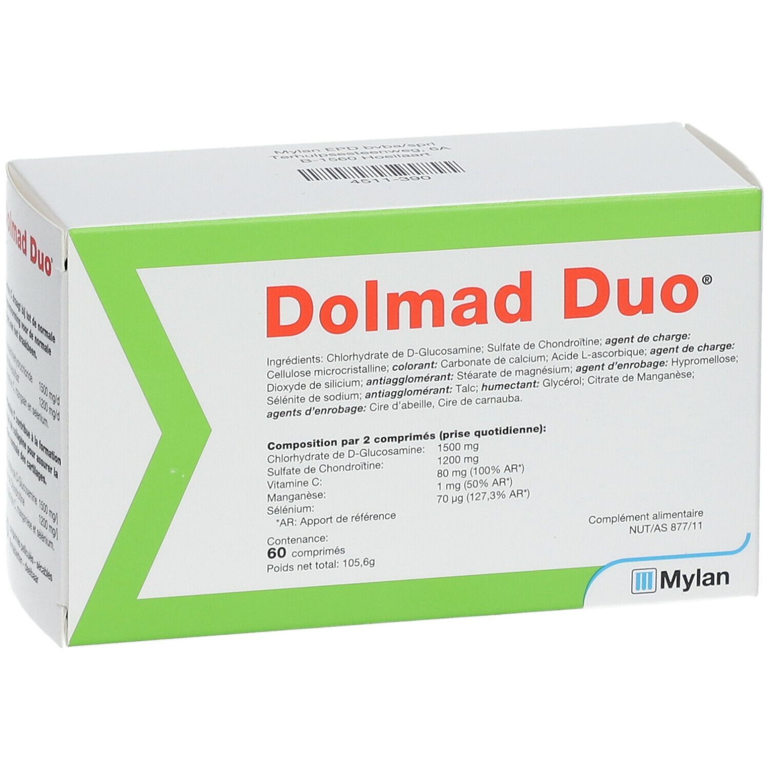 Verpakking van Dolmad Duo. Witte doos met groene accenten. Productnaam en ingrediënten gedrukt. 60 tabletten.