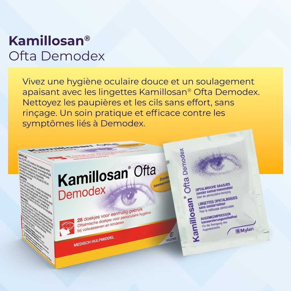 Boîte et sachet individuel Kamillosan® Ofta Demodex. 28 lingettes. Hygiène oculaire. Sans conservateurs.
