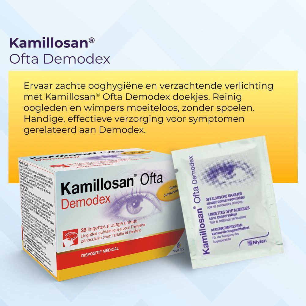 Kamillosan Ofta Demodex oogverzorgingsdoekjes in doos en individuele verpakking.