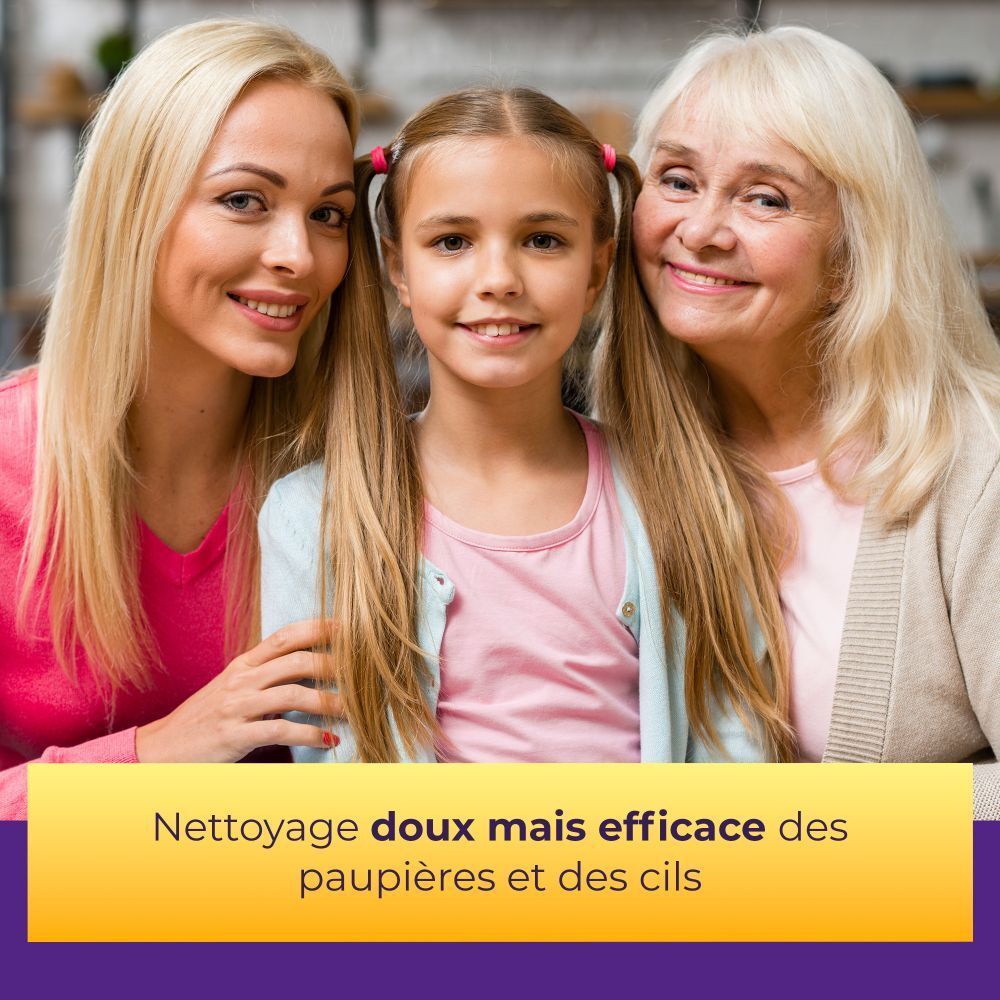 Trois femmes sourient. Texte : Nettoyage doux mais efficace des paupières et des cils.
