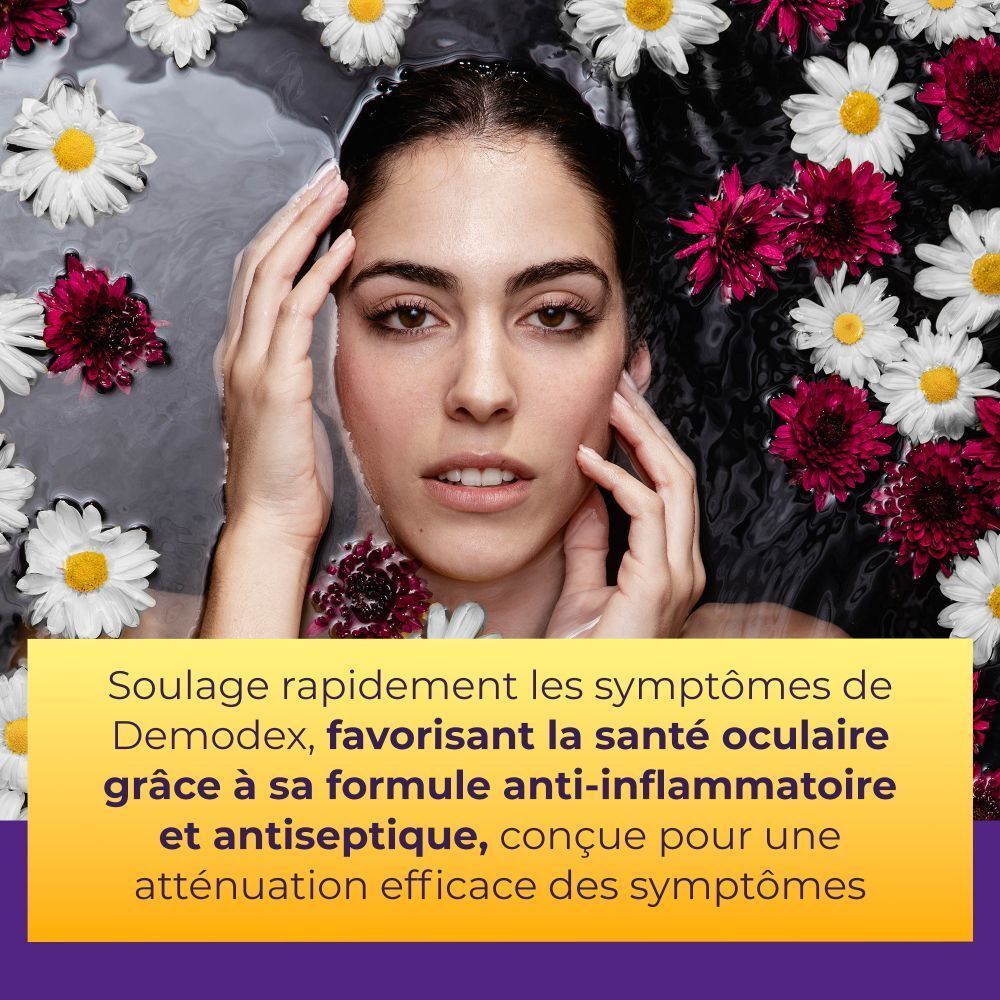 Femme dans l'eau avec des fleurs. Texte : Soulage rapidement les symptômes de Demodex. Anti-inflammatoire.
