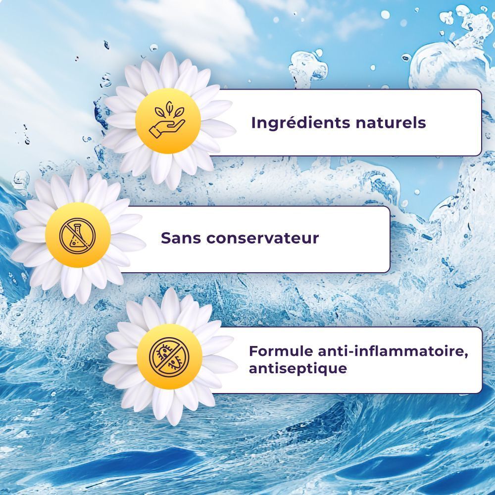 Trois icônes : Ingrédients naturels, sans conservateur, formule anti-inflammatoire.