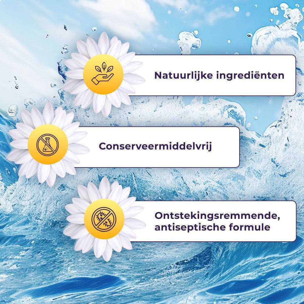 Drie madeliefjes met symbolen en teksten: Natuurlijke ingrediënten, Conserveermiddelvrij, Ontstekingsremmende, antiseptische formule.