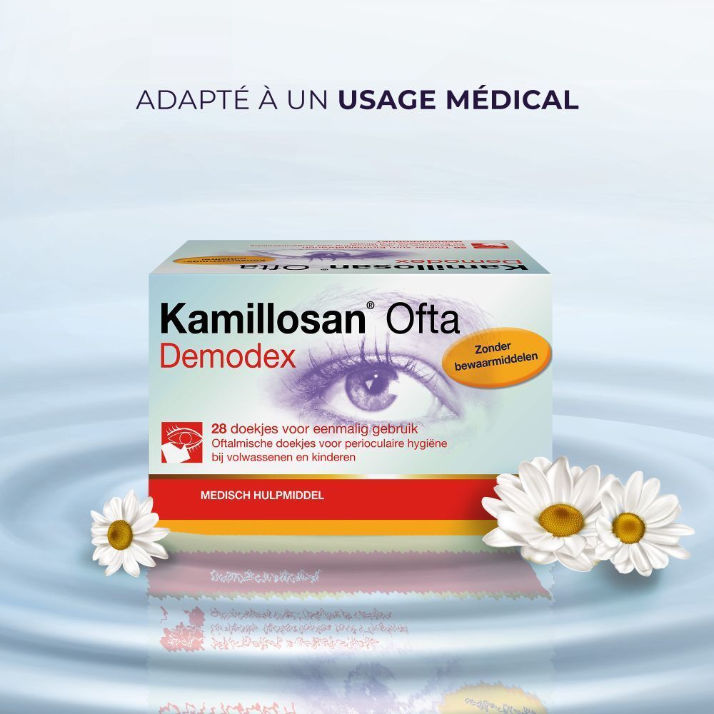 Boîte Kamillosan® Ofta Demodex. 28 lingettes pour l'hygiène oculaire. Sans conservateurs. Marguerites.
