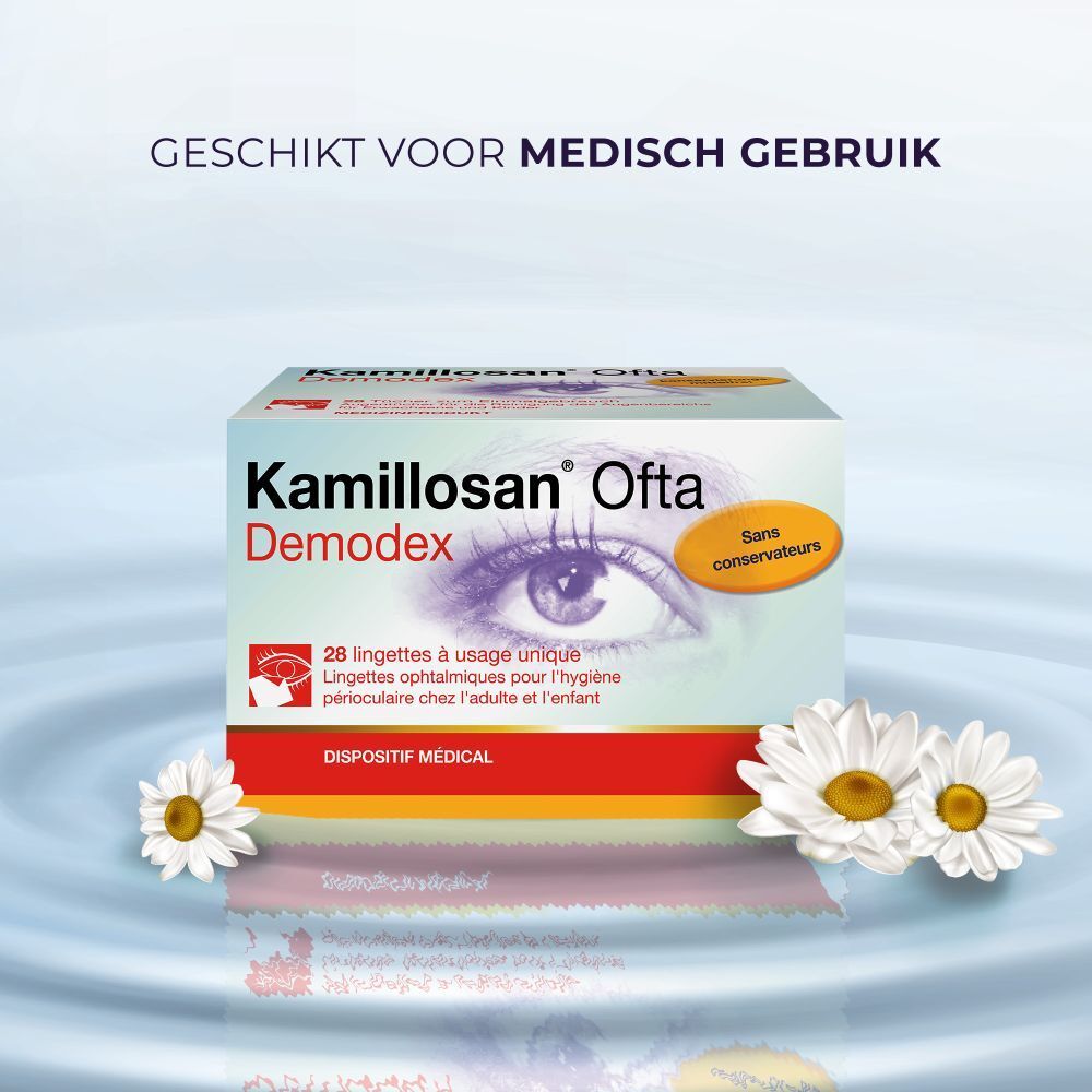 Kamillosan Ofta Demodex oogverzorgingsdoekjes in doos, met opschrift 'DISPOSITIF MEDICAL'.