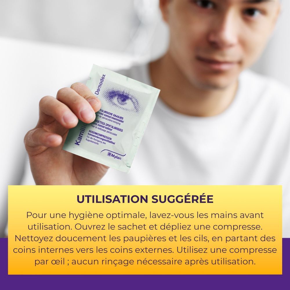 Homme tenant un sachet individuel Kamillosan® Ofta Demodex. Conseils d'utilisation. Hygiène oculaire.