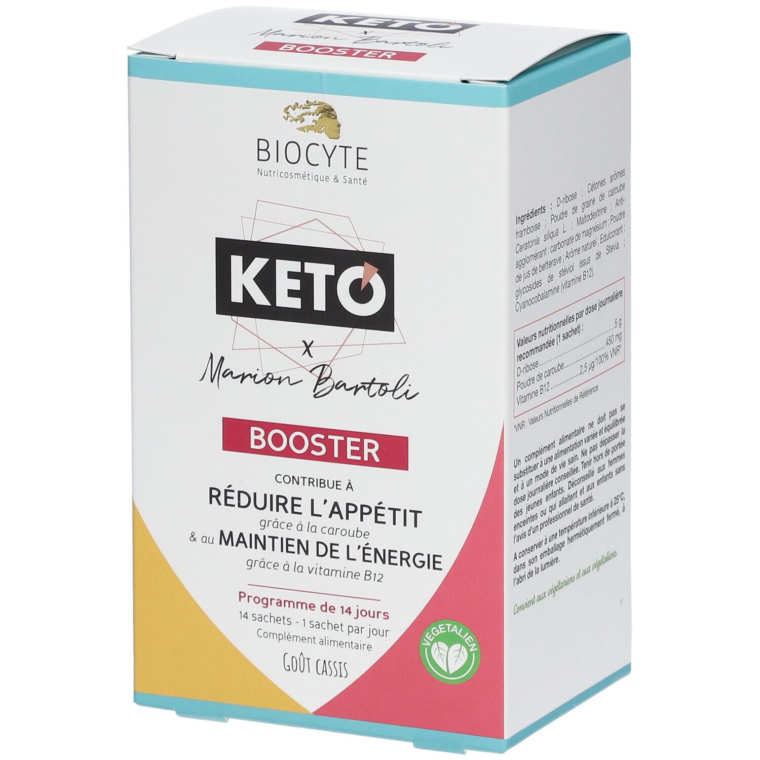 Kartonverpackung mit BIOCYTE Keto Booster. Aufschrift: KETO x Marion Bartoli, Booster. Reduziert Appetit, Energie.