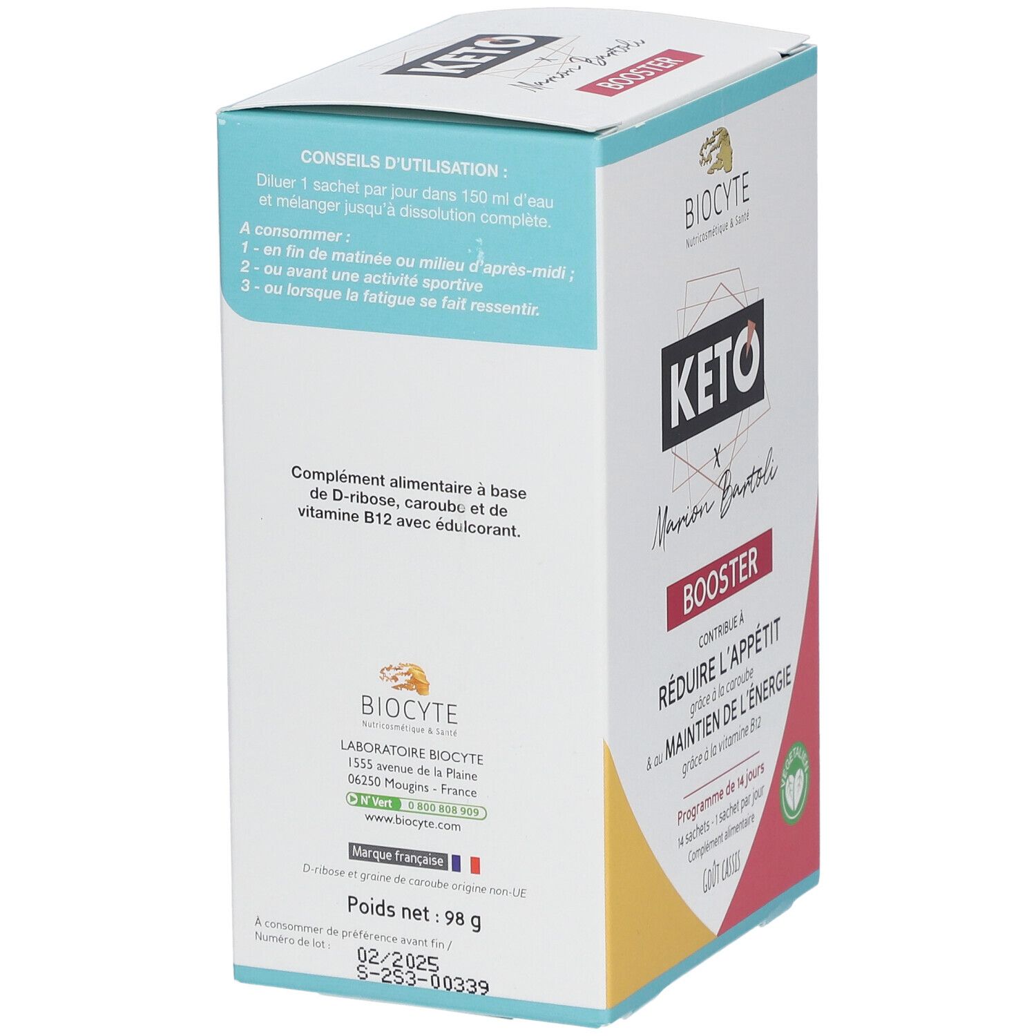 Kartonverpackung BIOCYTE Keto Booster. Aufschrift: KETO, Booster. Gebrauchsanweisung. Inhaltsstoffe. Gewicht: 98 g. Hergestellt in Frankreich.