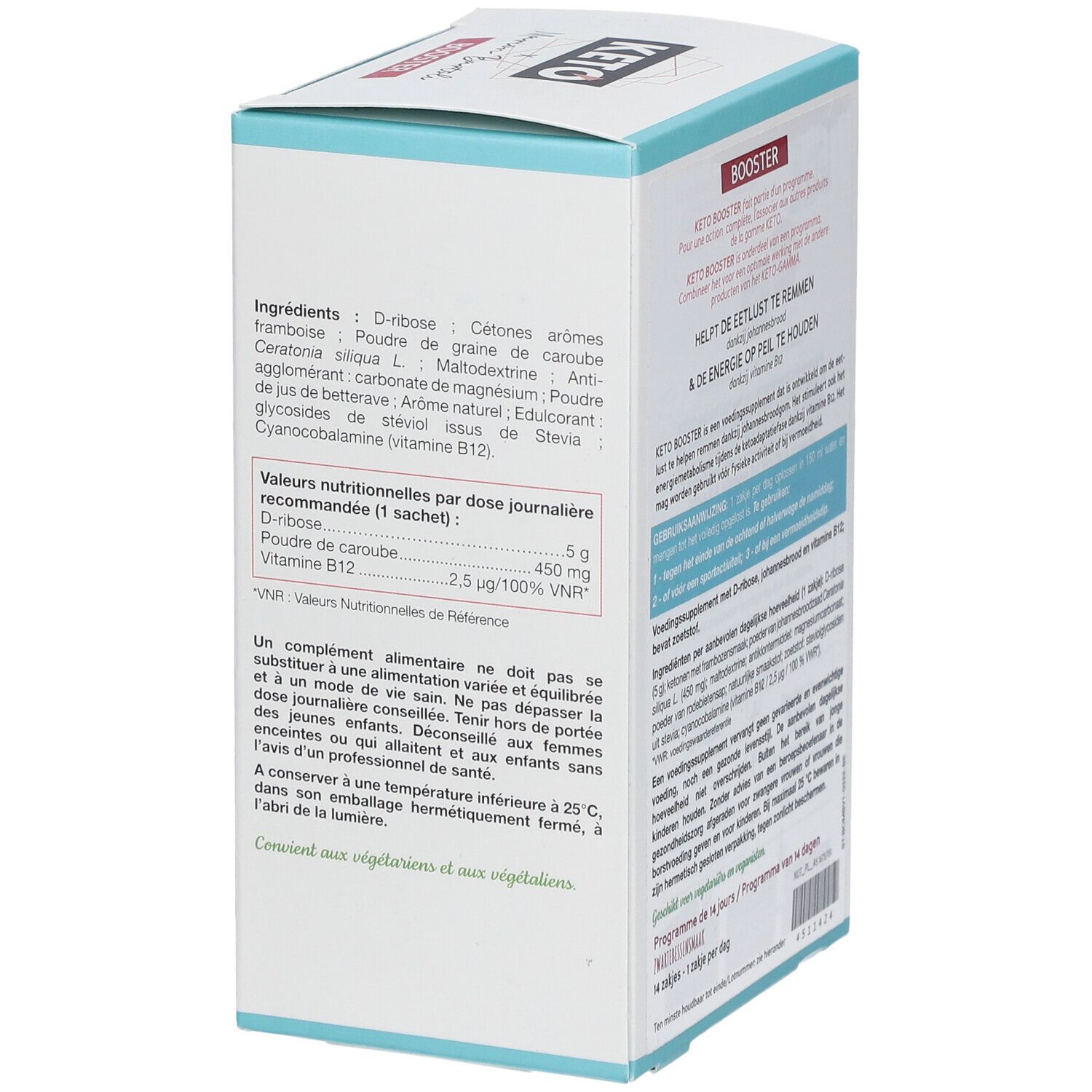 Kartonverpackung BIOCYTE Keto Booster. Aufschrift: KETO Booster. Nährwertangaben. Inhaltsstoffe. Empfohlene Tagesdosis.