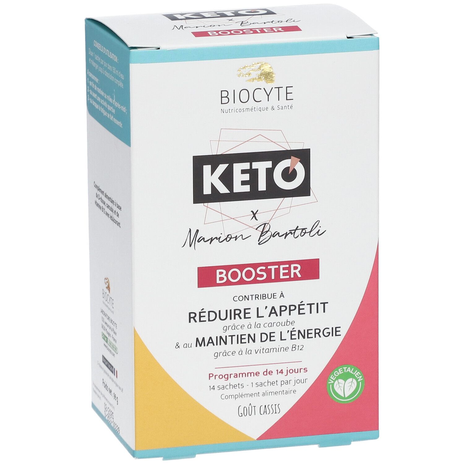Kartonverpackung mit BIOCYTE Keto Booster. Aufschrift: KETO x Marion Bartoli, Booster. Reduziert Appetit, Energie. 14 Beutel.