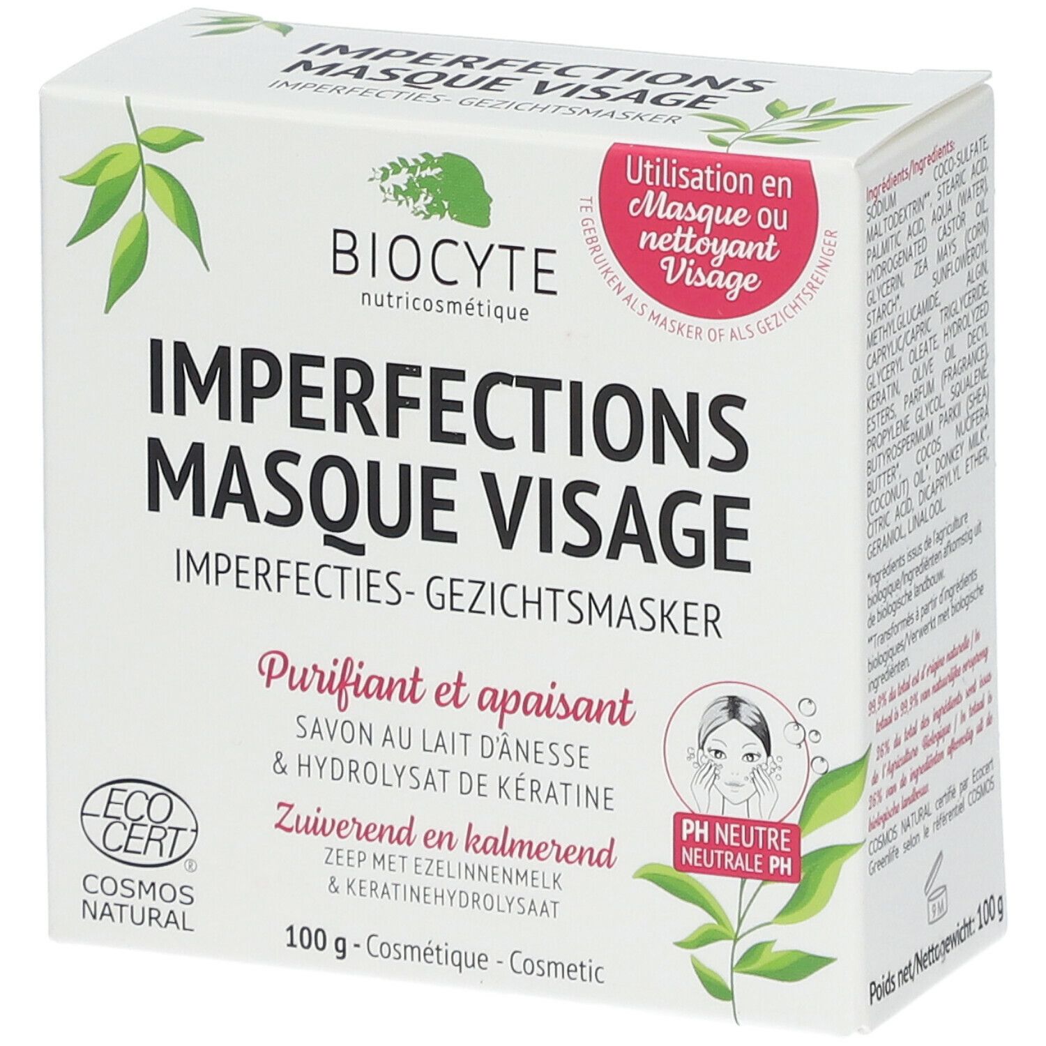 Boîte Biocyte Imperfections Masque Visage. Inscriptions en plusieurs langues. Logo EcoCert. Contenance 100g.