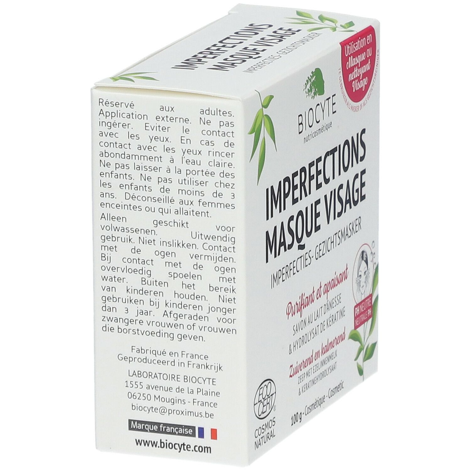 Vue latérale de la boîte Biocyte Imperfections Masque Visage. Texte multilingue. Logo et adresse du fabricant.