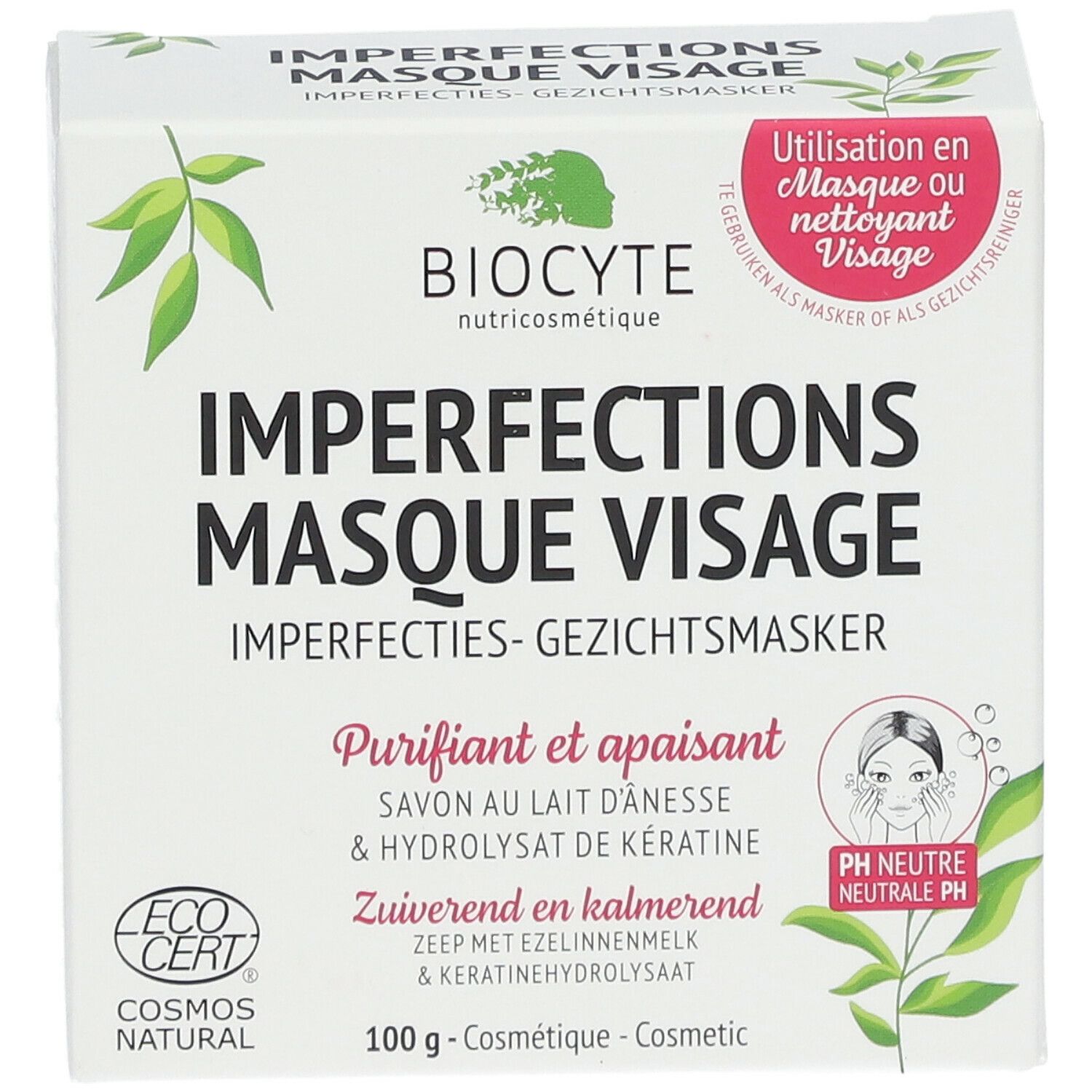 Vue de face de la boîte Biocyte Imperfections Masque Visage. Nom du produit, logos et informations. Logo EcoCert.