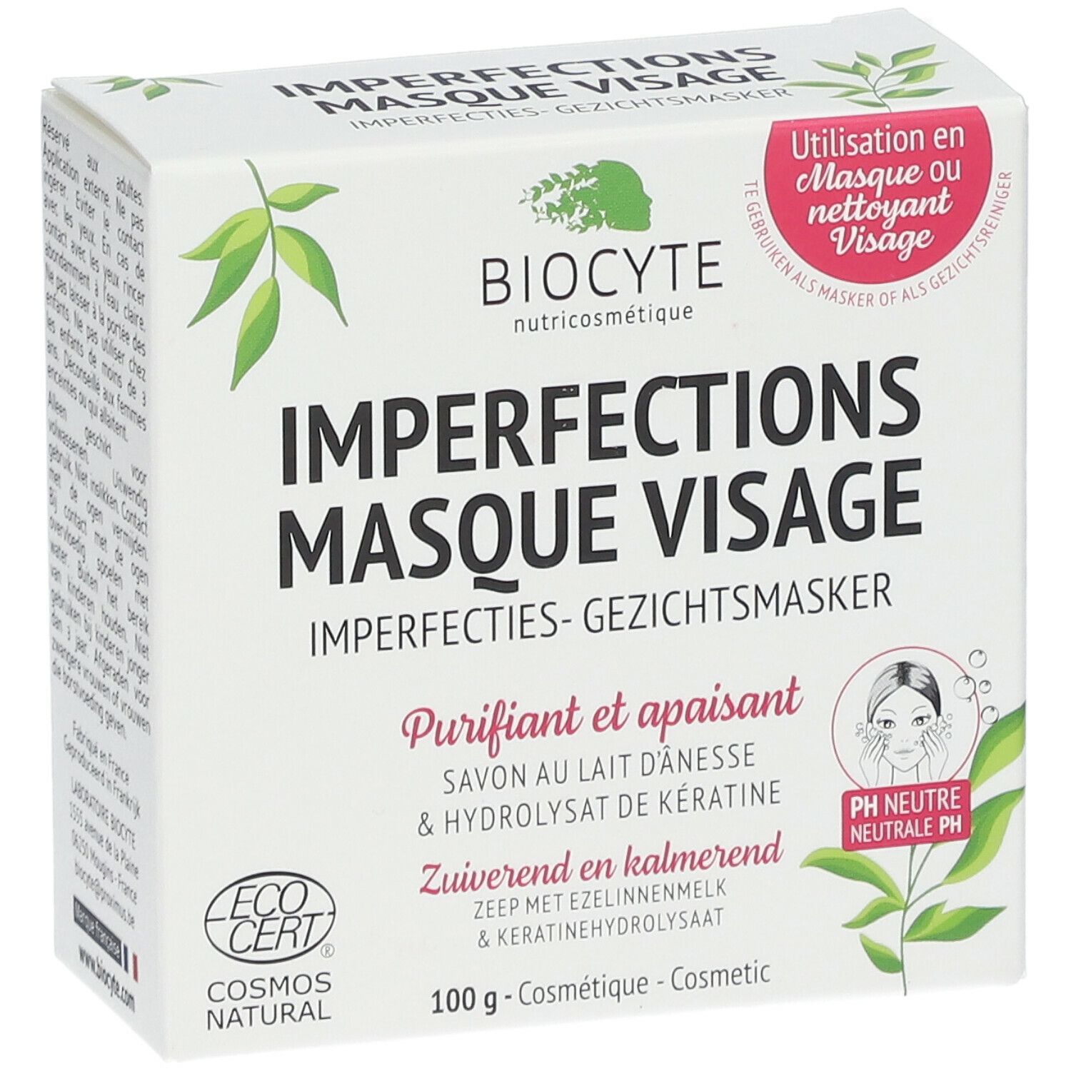 Vue de face de la boîte Biocyte Imperfections Masque Visage. Nom du produit, logos et informations. Logo EcoCert.