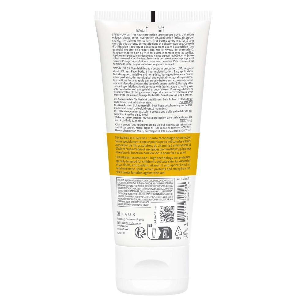 Dos du tube BIODERMA Photoderm Pediatrics Lait SPF50+. Texte multilingue. Zone jaune avec informations.