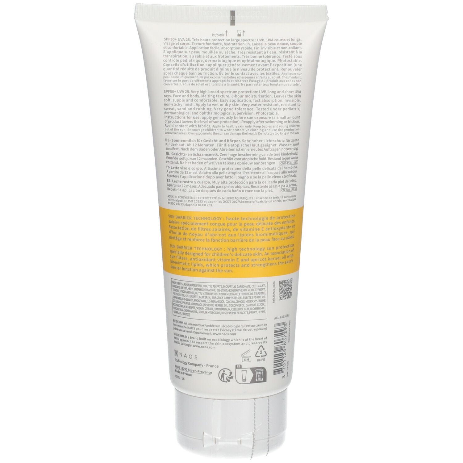 Rückseite der Sonnencreme-Tube. Text in mehreren Sprachen, gelber Streifen mit Produktinformationen.