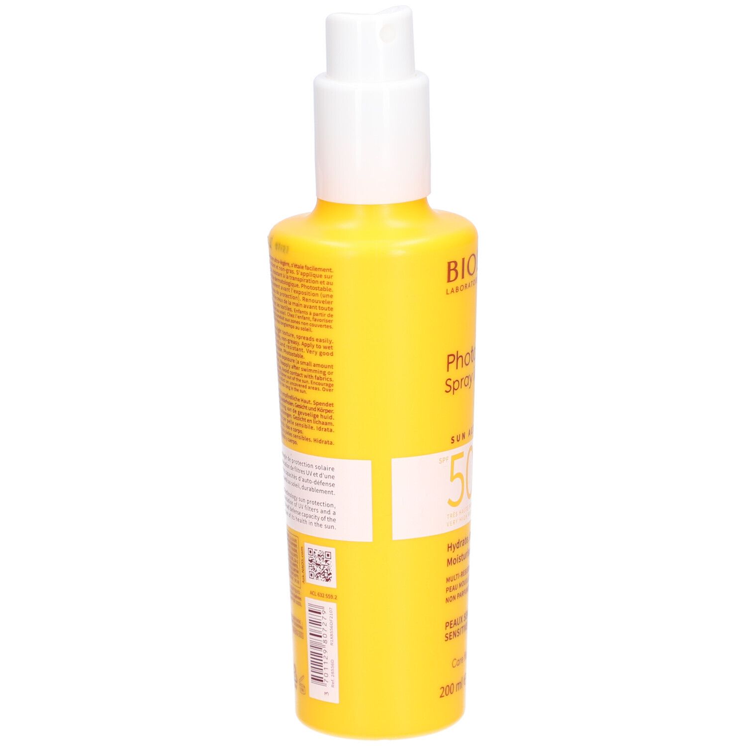 Dos d'un flacon spray jaune. Texte et code QR. Inscription: Bioderma Photoderm Spray invisible SPF50+. Pour peaux sensibles.
