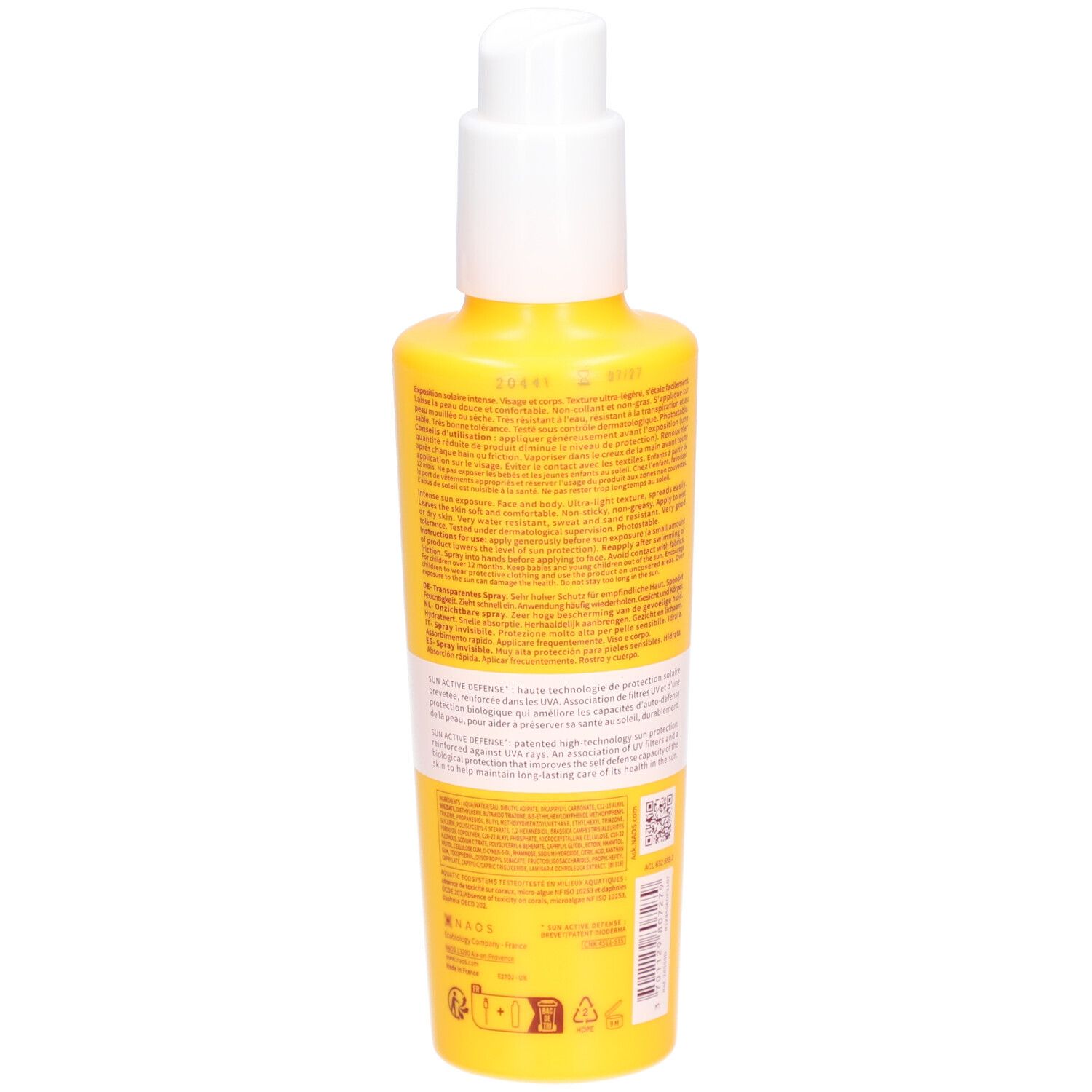 Dos d'un flacon spray jaune. Texte. Inscription: Bioderma Photoderm Spray invisible SPF50+. Pour peaux sensibles.