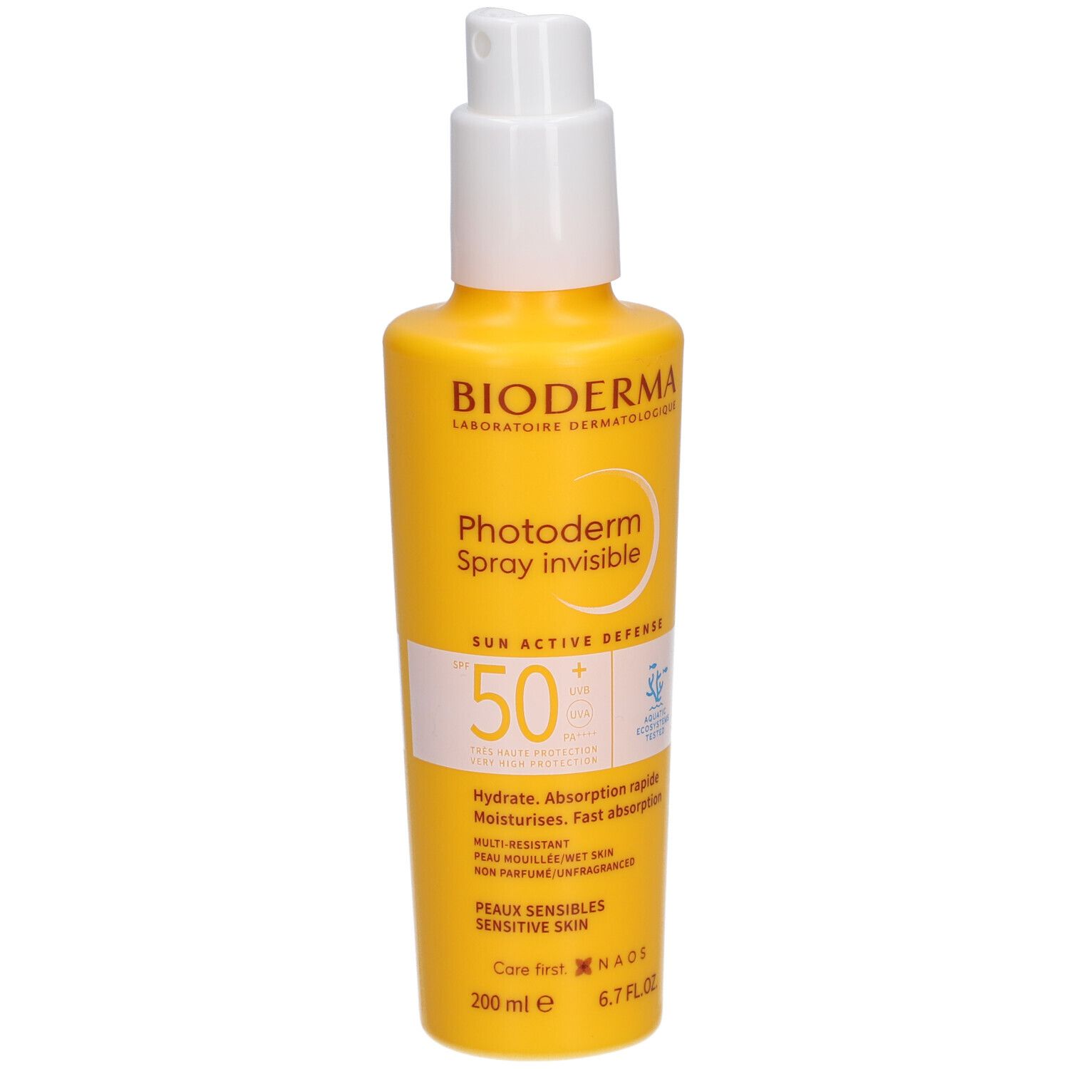 Flacon spray jaune avec tête blanche. Inscription: Bioderma Photoderm Spray invisible SPF50+. Pour peaux sensibles.