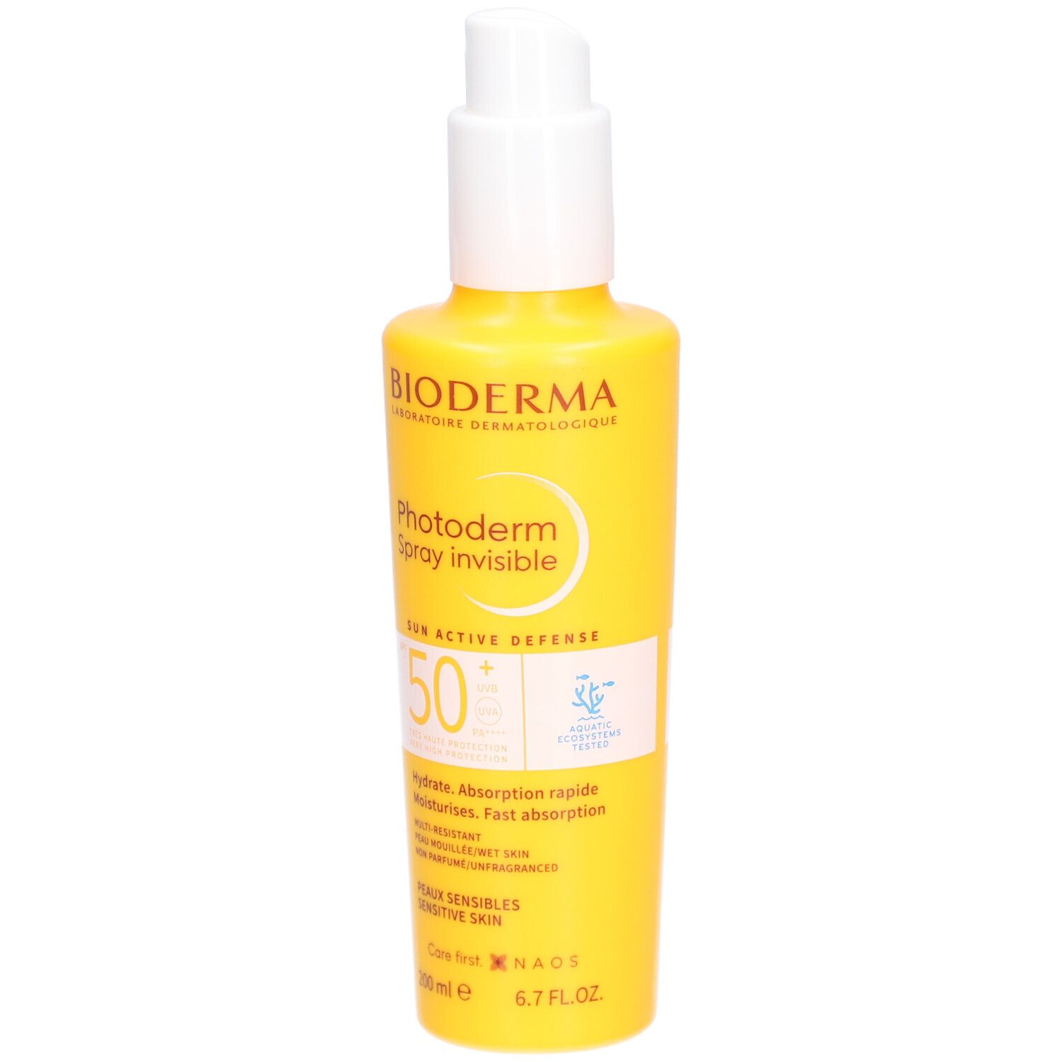 Flacon spray jaune avec tête blanche. Inscription: Bioderma Photoderm Spray invisible SPF50+. Pour peaux sensibles.