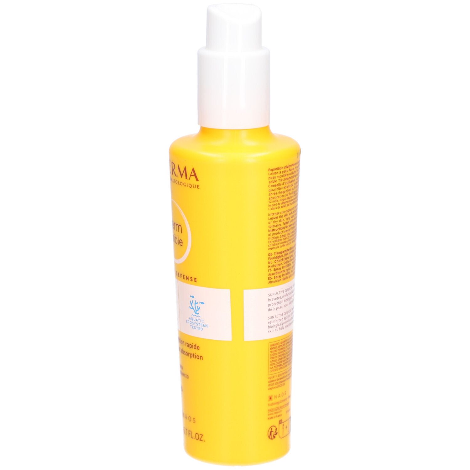 Vue latérale d'un flacon spray jaune. Inscription: Bioderma Photoderm Spray invisible SPF50+. Pour peaux sensibles.