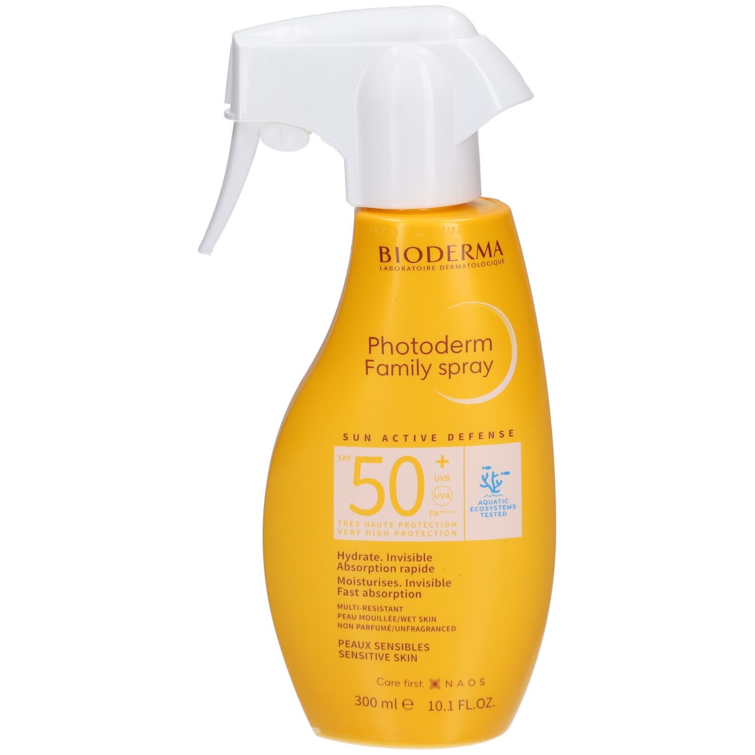 Gelbe Sprühflasche mit weißem Sprühkopf. Aufschrift: BIODERMA Photoderm Family Spray SPF50+. Enthält 300 ml. Für empfindliche Haut.