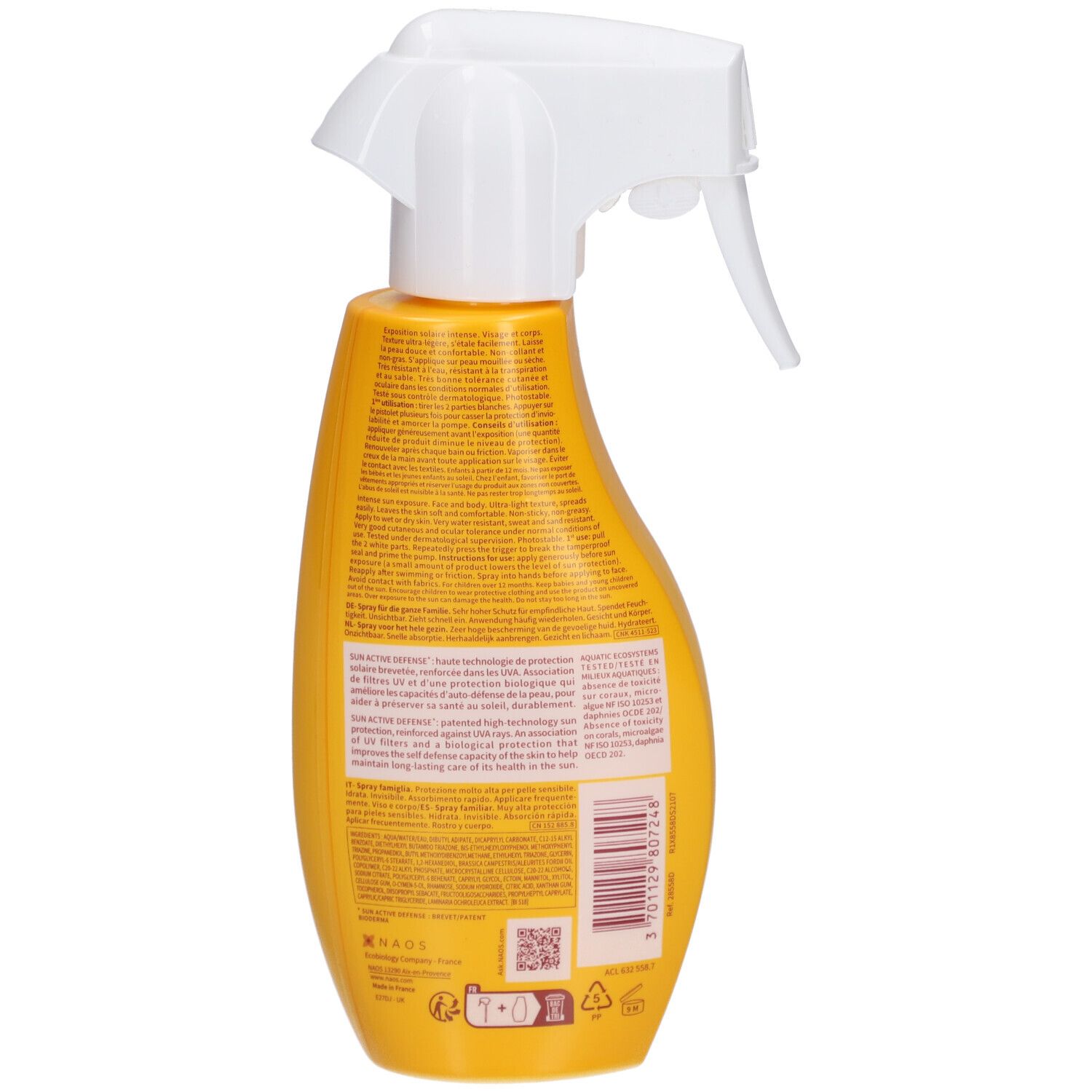 Rückseite einer gelben Sprühflasche. Text auf Französisch. Enthält Informationen über das Produkt und seine Inhaltsstoffe.