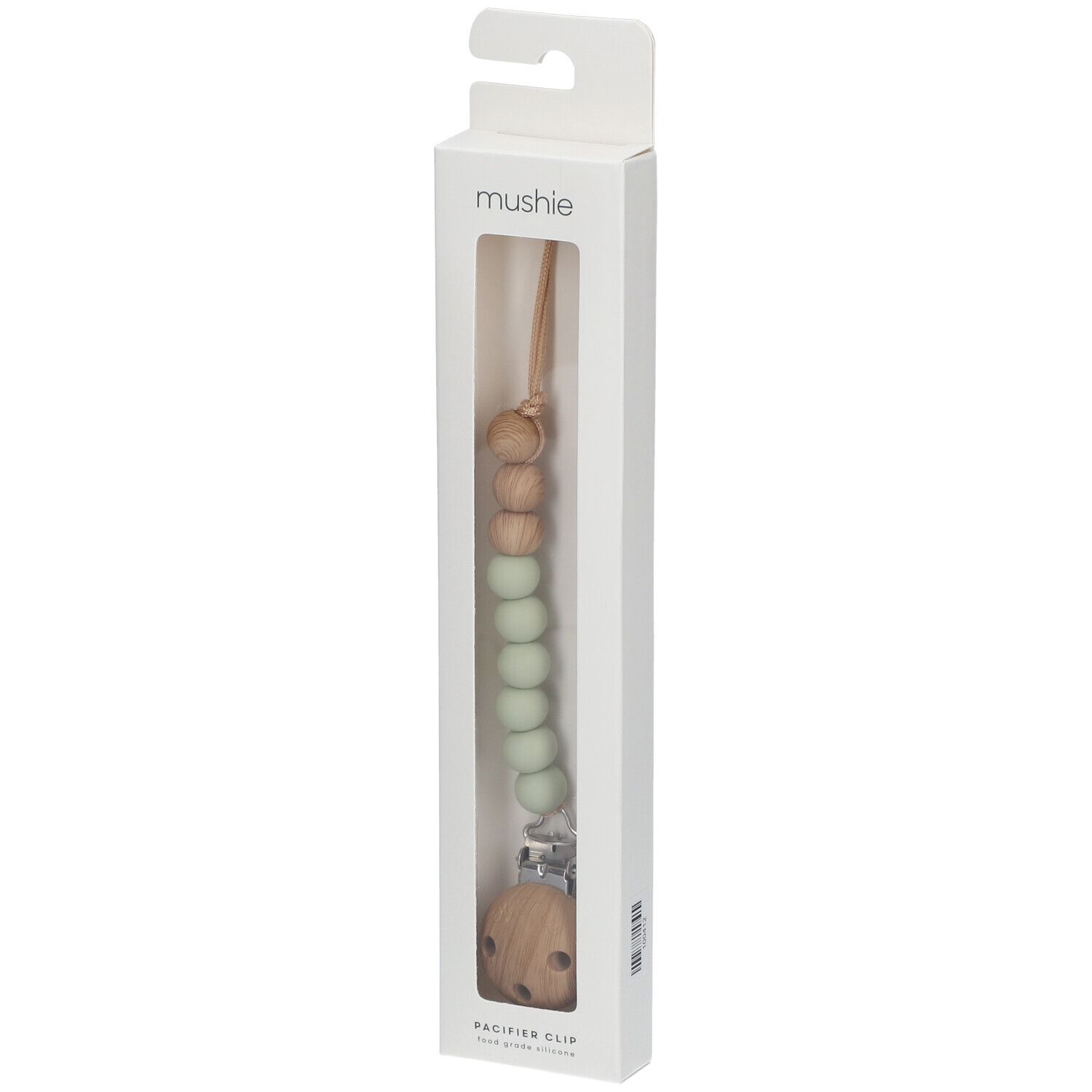 Attache-tétine dans son emballage. Perles en bois et silicone, clip. Marque : MUSHIE.