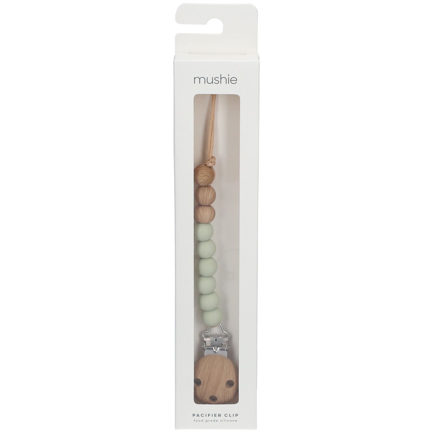 Attache-tétine dans son emballage. Perles en bois et silicone, clip. Marque : MUSHIE.