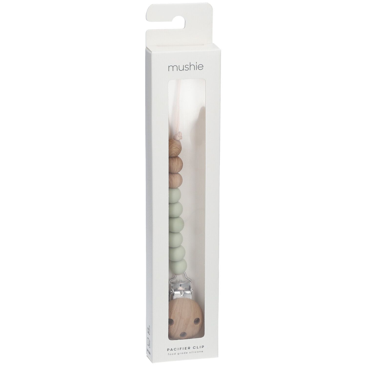 Attache-tétine dans son emballage. Perles en bois et silicone, clip. Marque : MUSHIE.