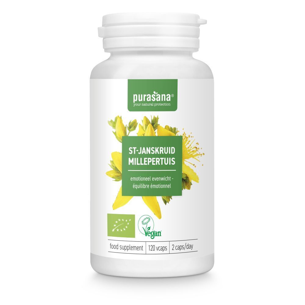 Flacon blanc avec capsules. Inscription: ST-JANSKRUID MILLEPERTUIS. Labels vegan et bio.
