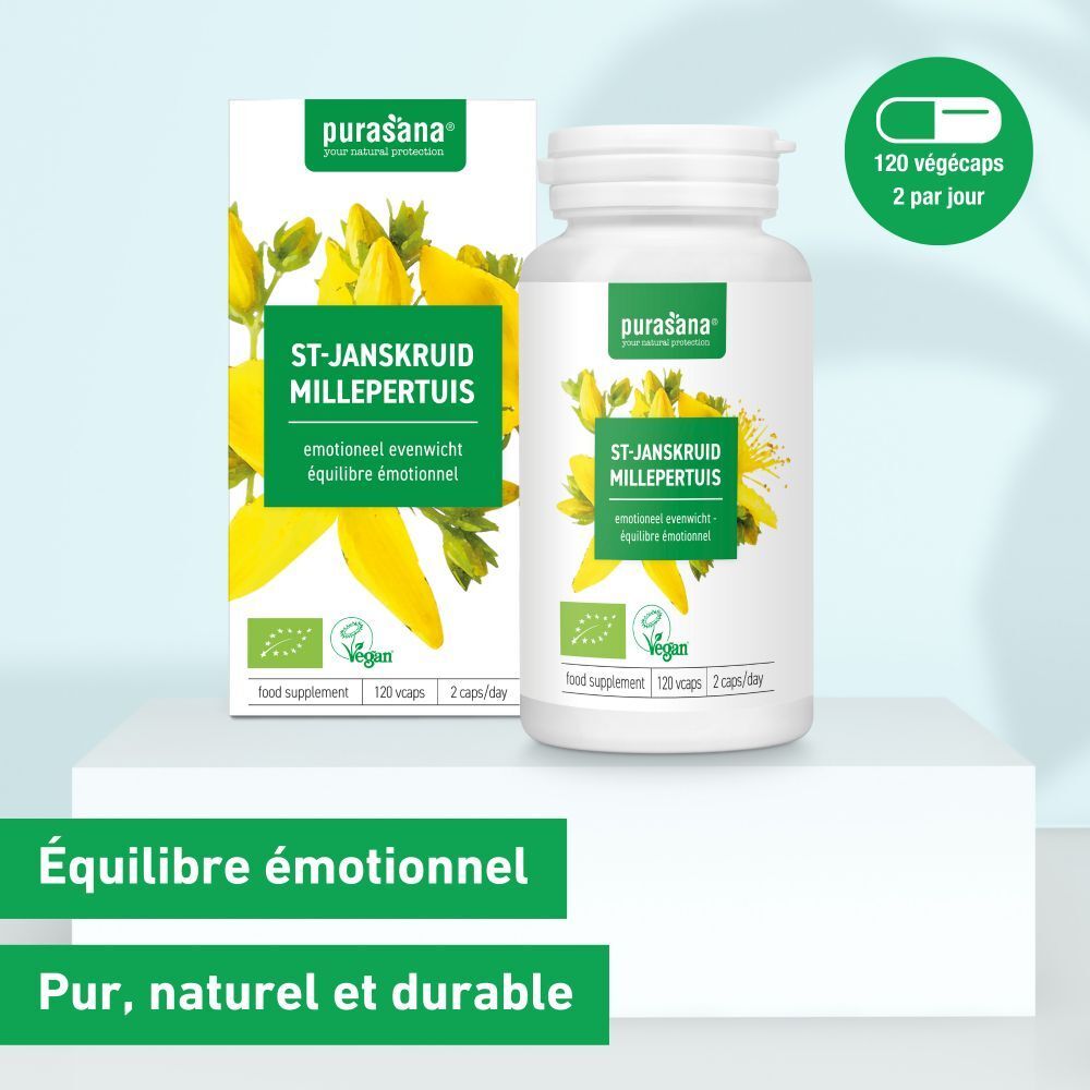 Emballage et flacon. Inscription: ST-JANSKRUID MILLEPERTUIS. Label vegan. Texte vert: Équilibre émotionnel.