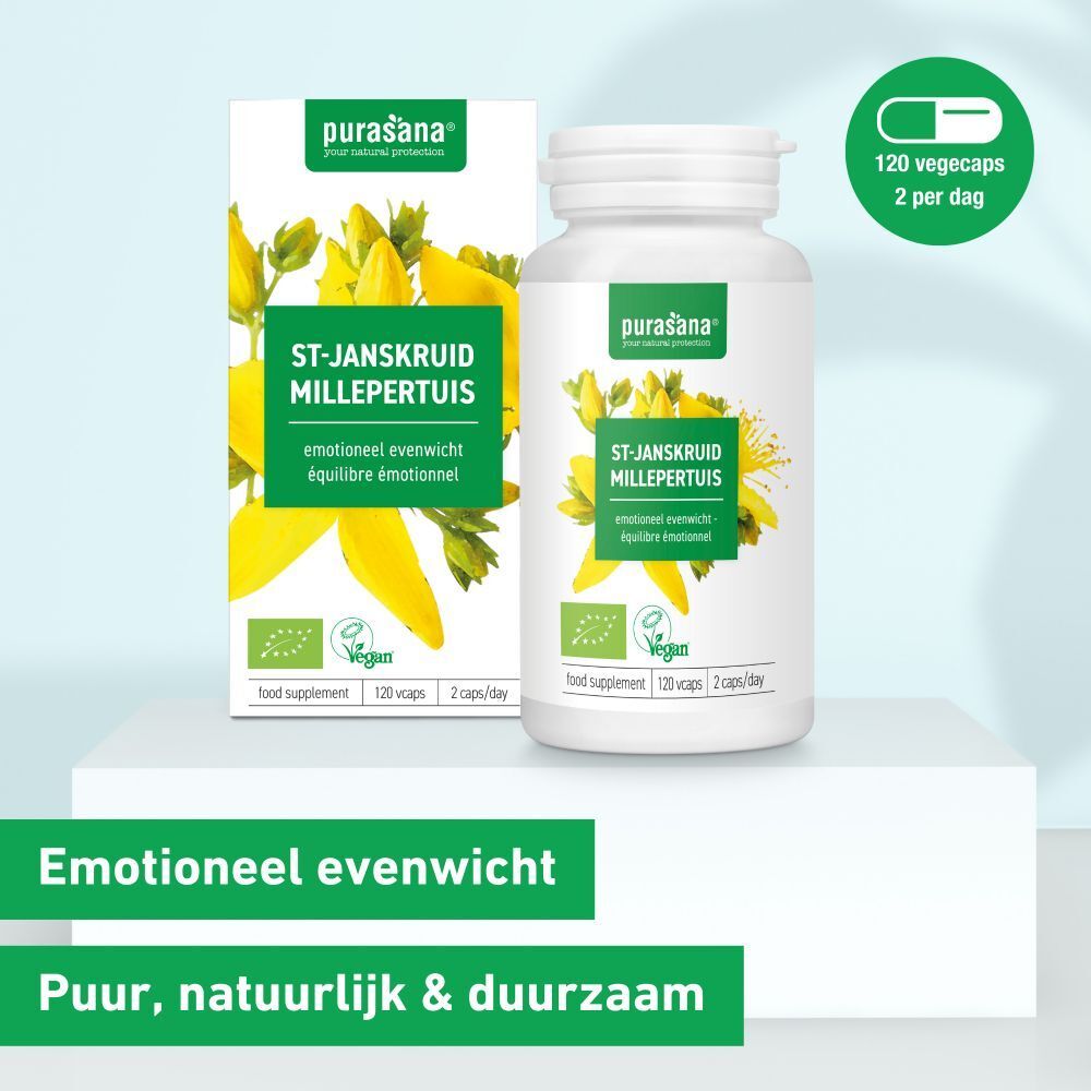 Verpakking en fles. Opschrift: ST-JANSKRUID MILLEPERTUIS. Vegan label. Groene tekst: Emotioneel evenwicht.