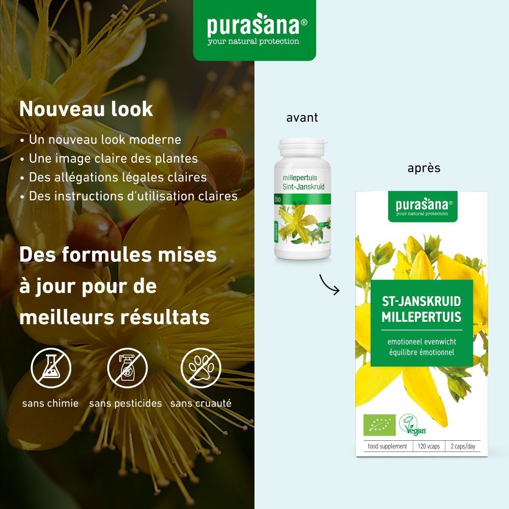 Comparaison ancien et nouveau packaging. Inscription: ST-JANSKRUID MILLEPERTUIS. Label vegan. Texte: sans chimie, sans pesticides, sans cruauté.